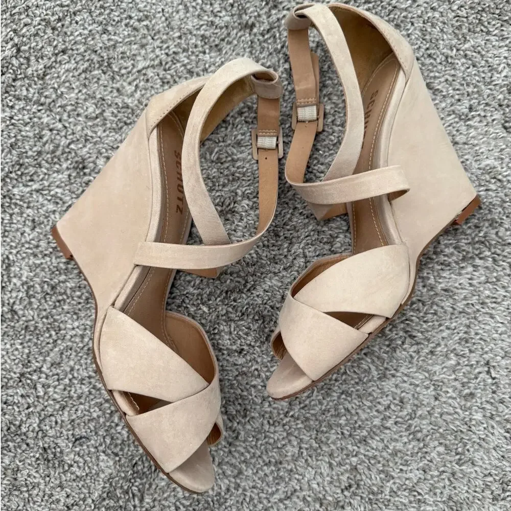 Schutz Wedge Strappy Sandals Beige Nubuck Size 8
